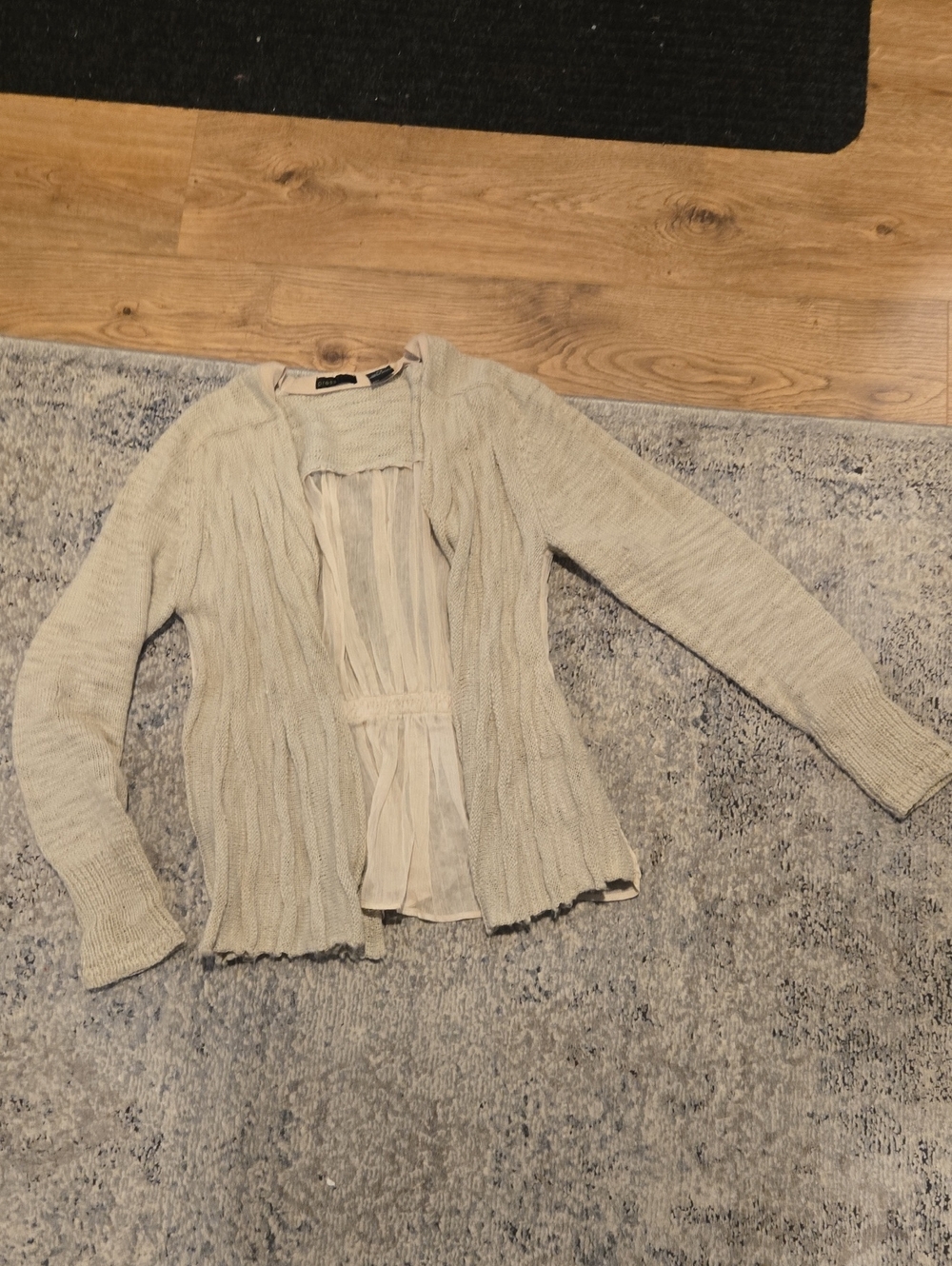 Sand/beige Open-Front Knit Cardigan with Pleated Sheer Back
